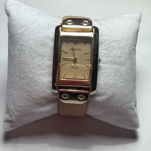 Embassy Rectangular Gold Tone Watch Beige Leather Strap Quartz, Singapore Movt